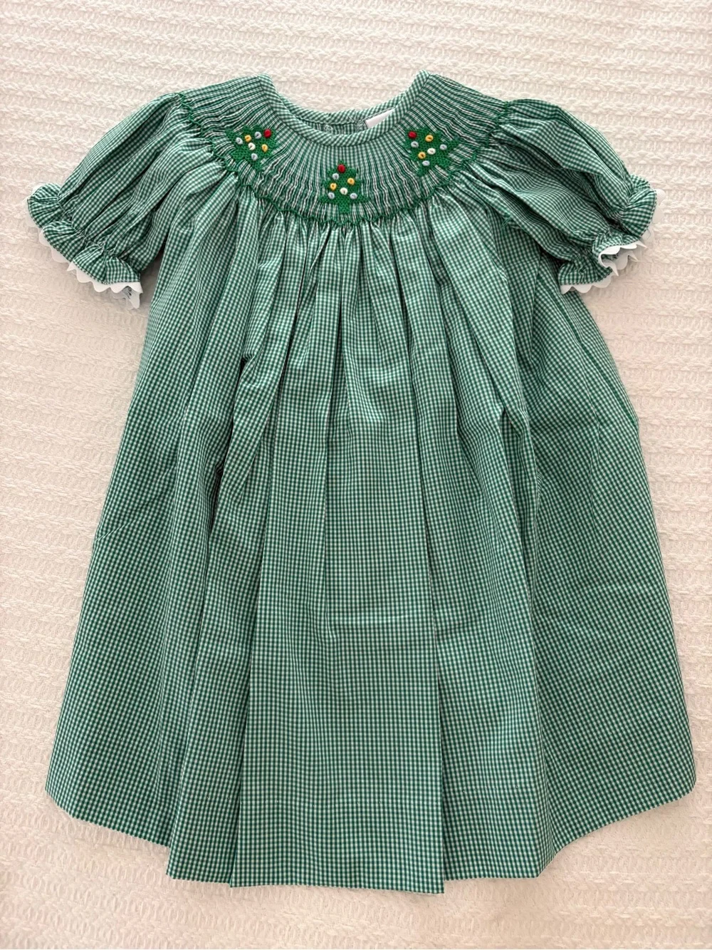 Green Smocked Gingham Kids Dress with Floral Embroidery